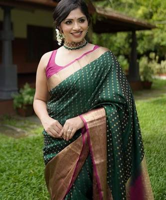 green silk blend banarasi saree with blouse  1