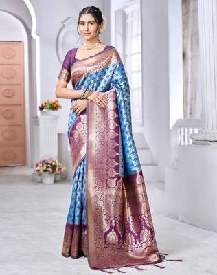 sky blue silk blend banarasi saree with blouse  2