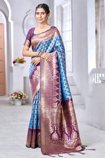 sky blue soft art silk banarasi saree with blouse 