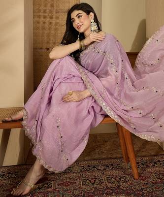 Women's lavender chiffon embroidered saree with unstitched blouse piece 3