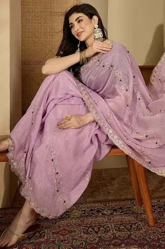 Women's lavender chiffon embroidered saree with unstitched blouse piece