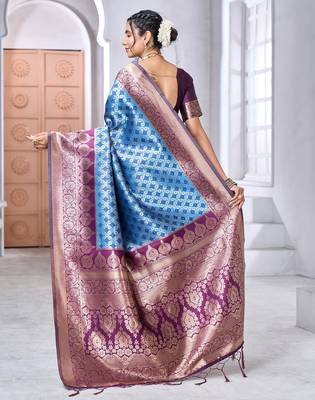sky blue silk blend banarasi saree with blouse  4