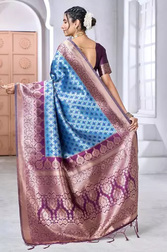 sky blue silk blend banarasi saree with blouse 
