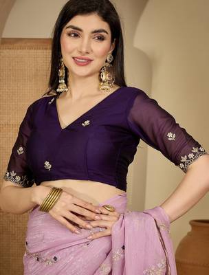 Women's lavender chiffon embroidered saree with unstitched blouse piece 4
