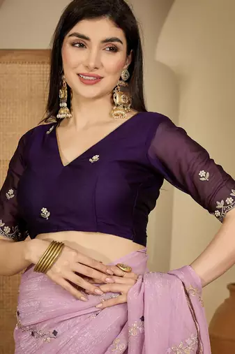 Women's lavender chiffon embroidered saree with unstitched blouse piece