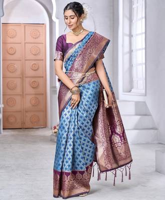 sky blue silk blend banarasi saree with blouse  1
