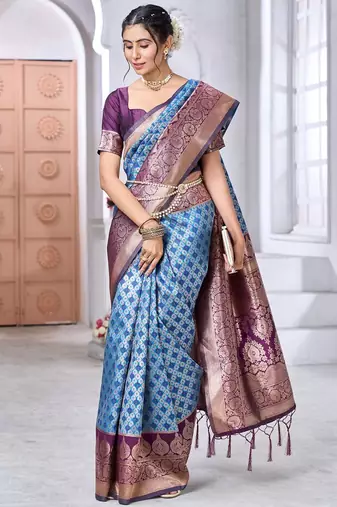sky blue soft art silk banarasi saree with blouse 