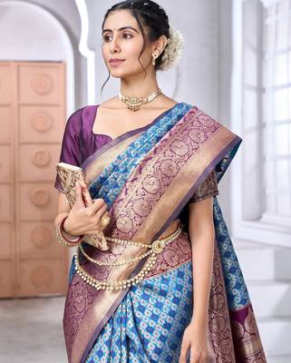 sky blue silk blend banarasi saree with blouse  5
