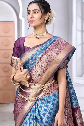 sky blue silk blend banarasi saree with blouse 