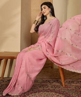 Women's pink chiffon embroidered saree with unstitched blouse piece 1