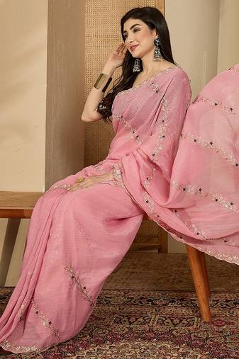 Women's pink chiffon embroidered saree with unstitched blouse piece
