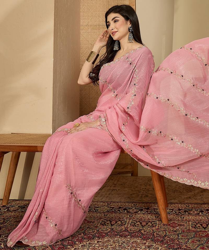 Women's pink chiffon embroidered saree with unstitched blouse piece