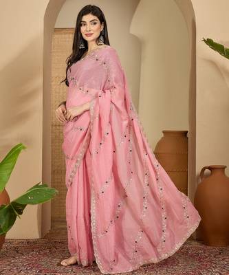 Women's pink chiffon embroidered saree with unstitched blouse piece 2