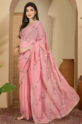 Women's pink chiffon embroidered saree with unstitched blouse piece