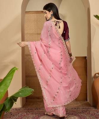 Women's pink chiffon embroidered saree with unstitched blouse piece 3