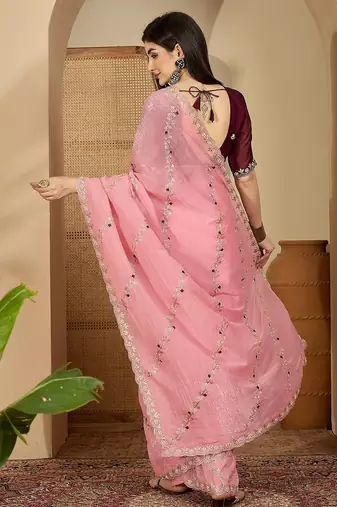 Women's pink chiffon embroidered saree with unstitched blouse piece