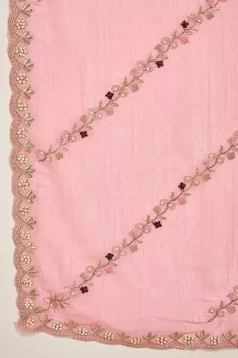 Women's pink chiffon embroidered saree with unstitched blouse piece