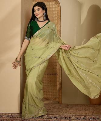 Women's pista chiffon embroidered saree with unstitched blouse piece 1