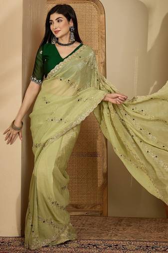 Women's pista chiffon embroidered saree with unstitched blouse piece
