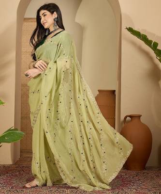 Women's pista chiffon embroidered saree with unstitched blouse piece 2