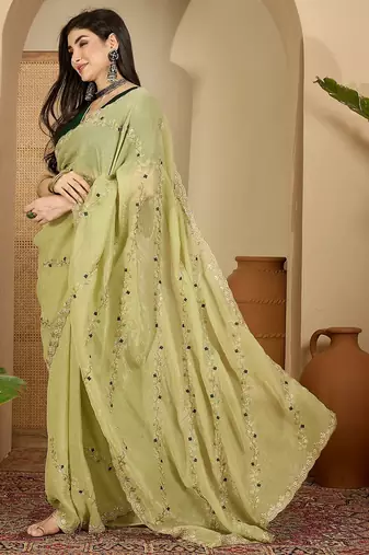 Women's pista chiffon embroidered saree with unstitched blouse piece
