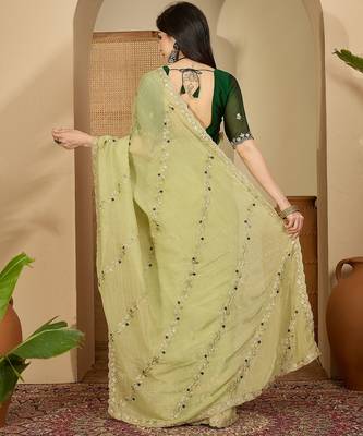 Women's pista chiffon embroidered saree with unstitched blouse piece 3