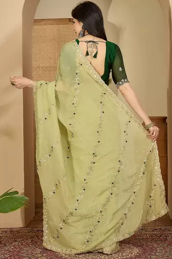 Women's pista chiffon embroidered saree with unstitched blouse piece