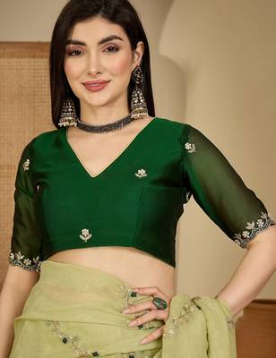 Women's pista chiffon embroidered saree with unstitched blouse piece 4