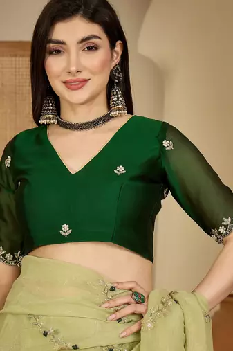 Women's pista chiffon embroidered saree with unstitched blouse piece