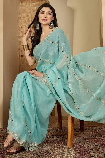Women's blue  chiffon embroidered saree with unstitched blouse piece