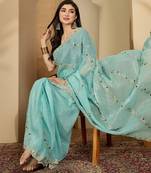 Women's blue  chiffon embroidered saree with unstitched blouse piece