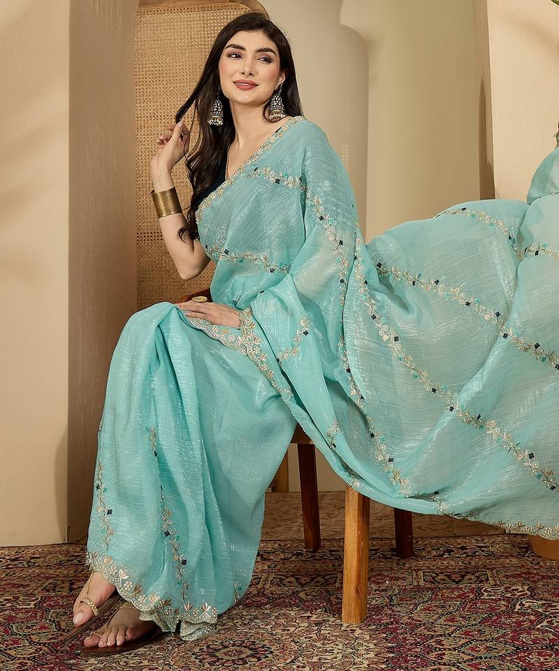Women's blue  chiffon embroidered saree with unstitched blouse piece