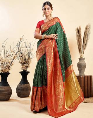 green silk blend banarasi saree with blouse  1
