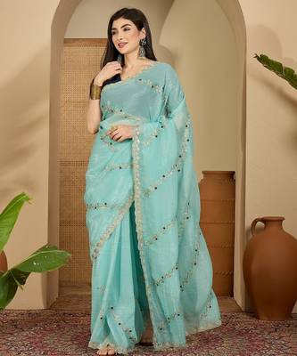Women's blue chiffon embroidered saree with unstitched blouse piece 2