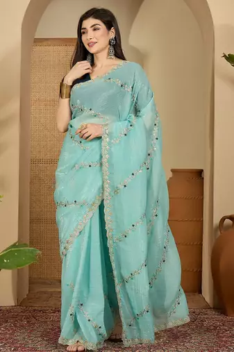 Women's blue  chiffon embroidered saree with unstitched blouse piece