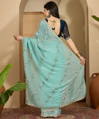 Women's blue chiffon embroidered saree with unstitched blouse piece 3