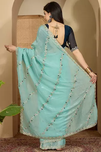 Women's blue  chiffon embroidered saree with unstitched blouse piece