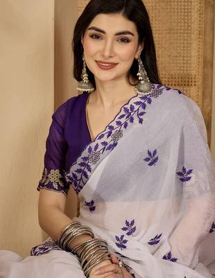 Women's white chiffon embroidered saree with unstitched blouse piece 2