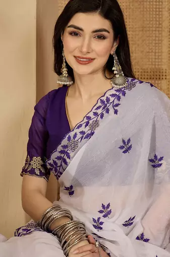 Women's white chiffon embroidered saree with unstitched blouse piece