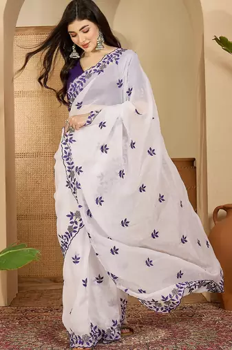 Women's white chiffon embroidered saree with unstitched blouse piece