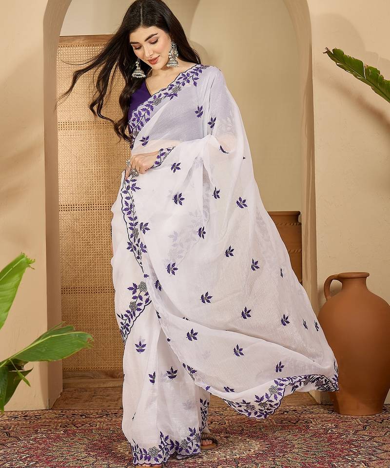 Women's white chiffon embroidered saree with unstitched blouse piece