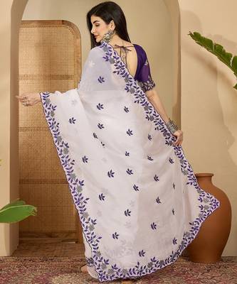Women's white chiffon embroidered saree with unstitched blouse piece 3
