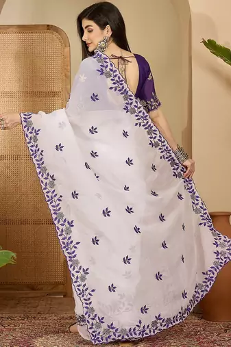 Women's white chiffon embroidered saree with unstitched blouse piece
