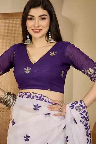 Women's white chiffon embroidered saree with unstitched blouse piece