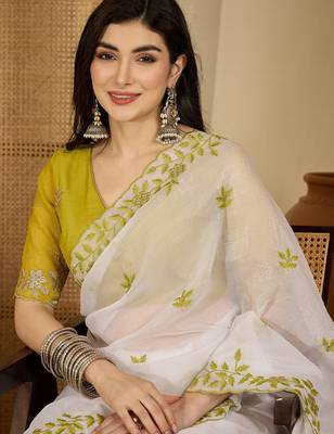 Women's white chiffon embroidered saree with unstitched blouse piece 2