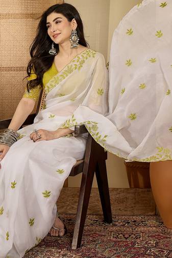 Women's white chiffon embroidered saree with unstitched blouse piece