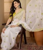 Women's white chiffon embroidered saree with unstitched blouse piece