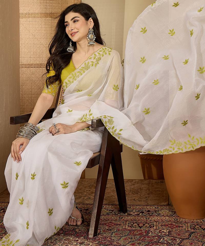 Women's white chiffon embroidered saree with unstitched blouse piece