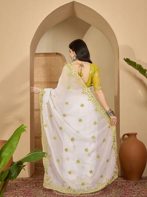 Women's white chiffon embroidered saree with unstitched blouse piece 3