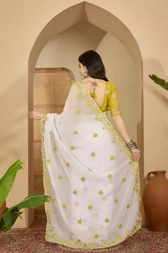 Women's white chiffon embroidered saree with unstitched blouse piece
